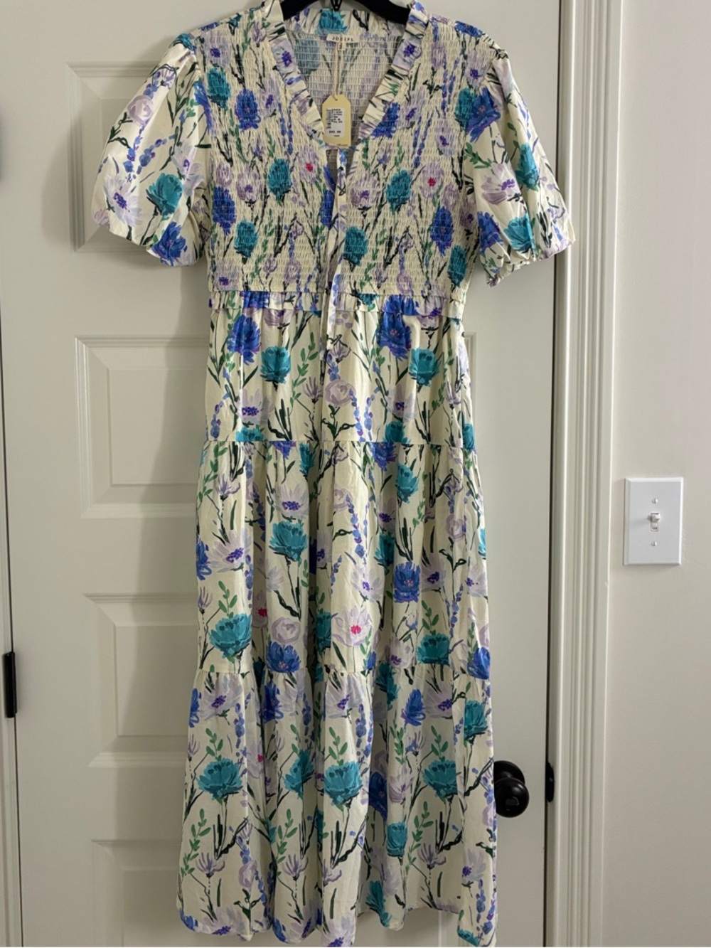 JODIFL Cream Maxi Dress with Blue & Teal Floral Print